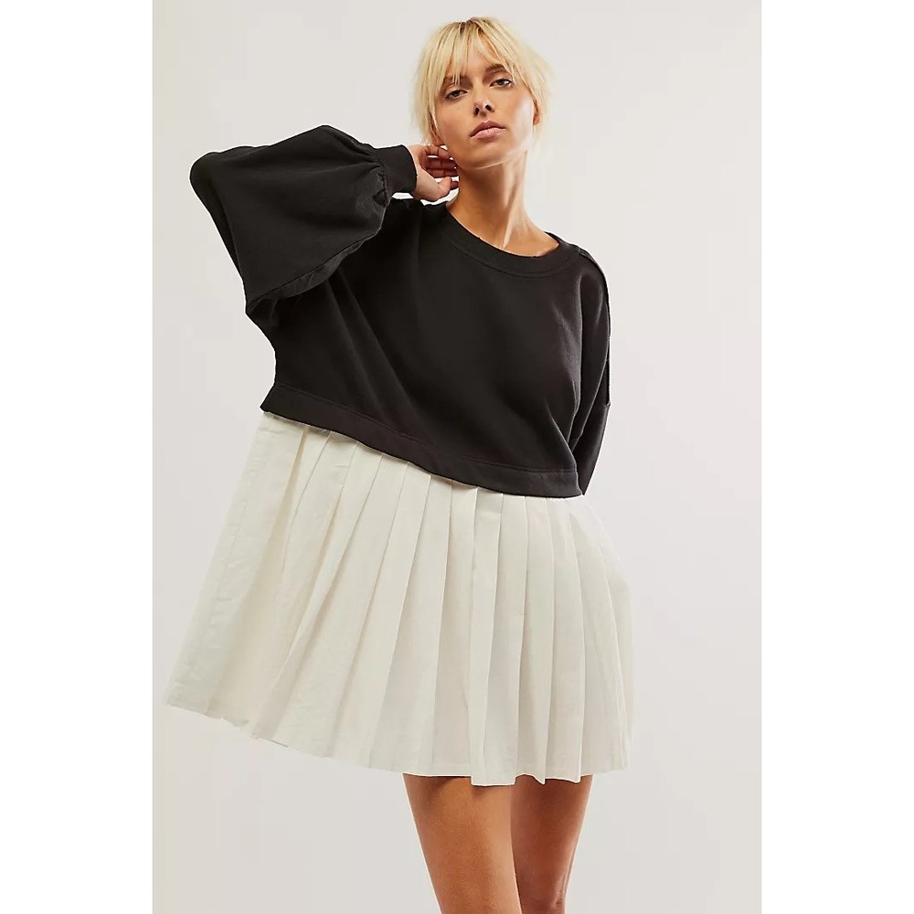 Free People Mixed Media Sweatshirt Mini Dress In classic Black & White‎ Sz:L NWT
